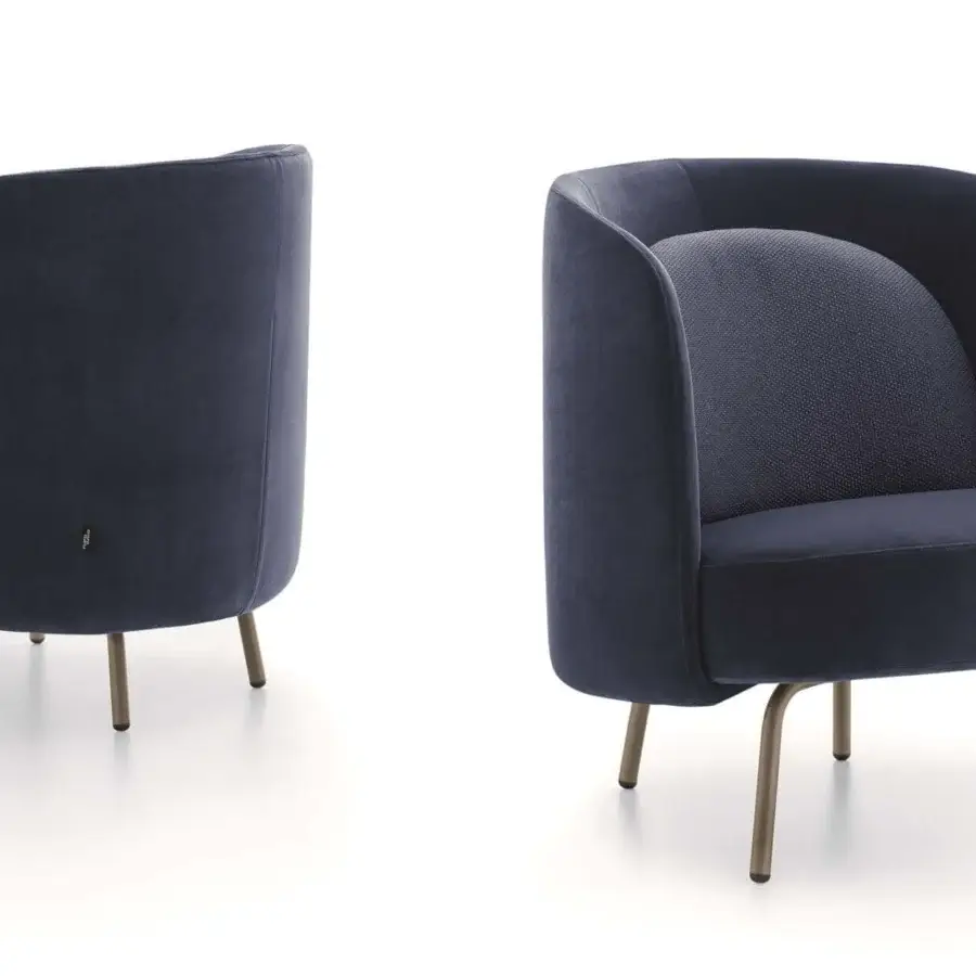 Exclusive Ditre Italia Lucia lounge chair with a plush dark blue textile and sleek metal legs in bronze or gold tone
