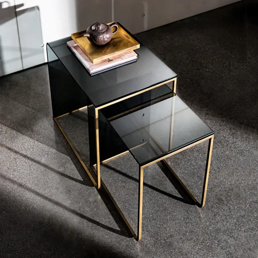 Distinguished Sovet Italia Nido coffee table with burnished metal frame and smoked glass tabletop