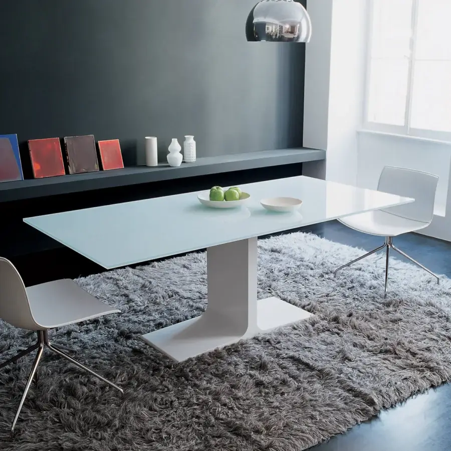 Exclusive Sovet Italia Palace table with laminated ceramic top and lacquered white metal base in a light green tint