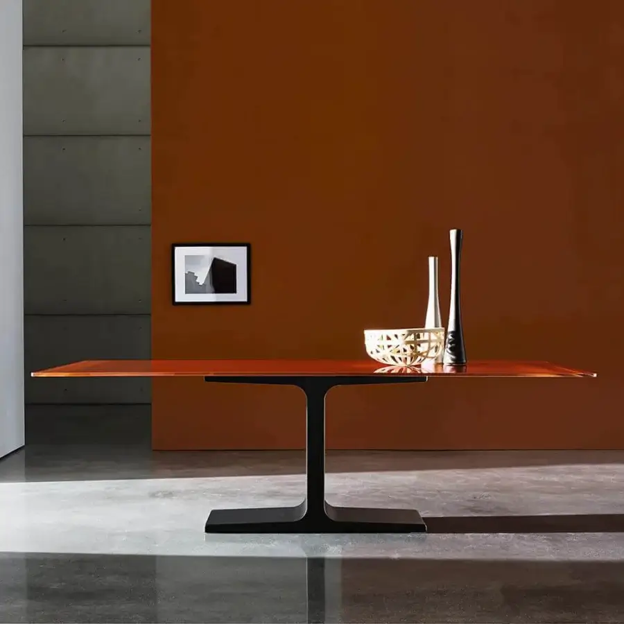 Exclusive Sovet Italia Palace table with a rectangular glossy orange laminated ceramic top and dark metal I-shaped base