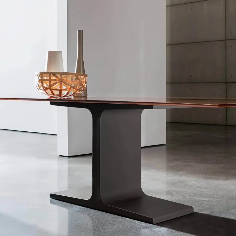 Distinguished Sovet Italia Palace table with a reddish-brown ceramic top and dark grey matte lacquered metal base
