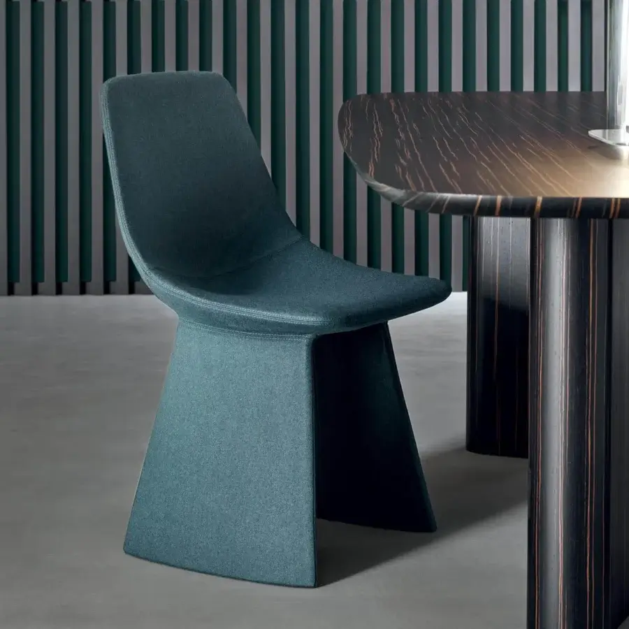 Elegant Bonaldo Agea chair with steel base and teal fabric upholstery exhibiting a matte finish