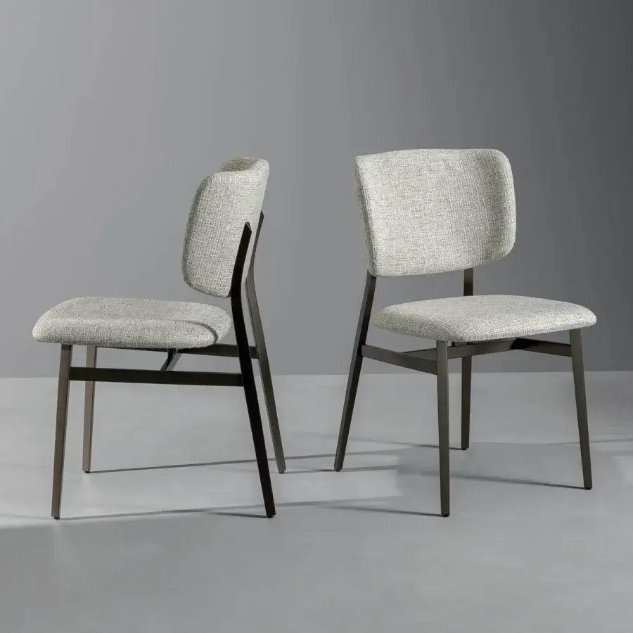 Distinguished Bonaldo Noor chair with light grey woven fabric and solid steel structure in dark bronze matte finish