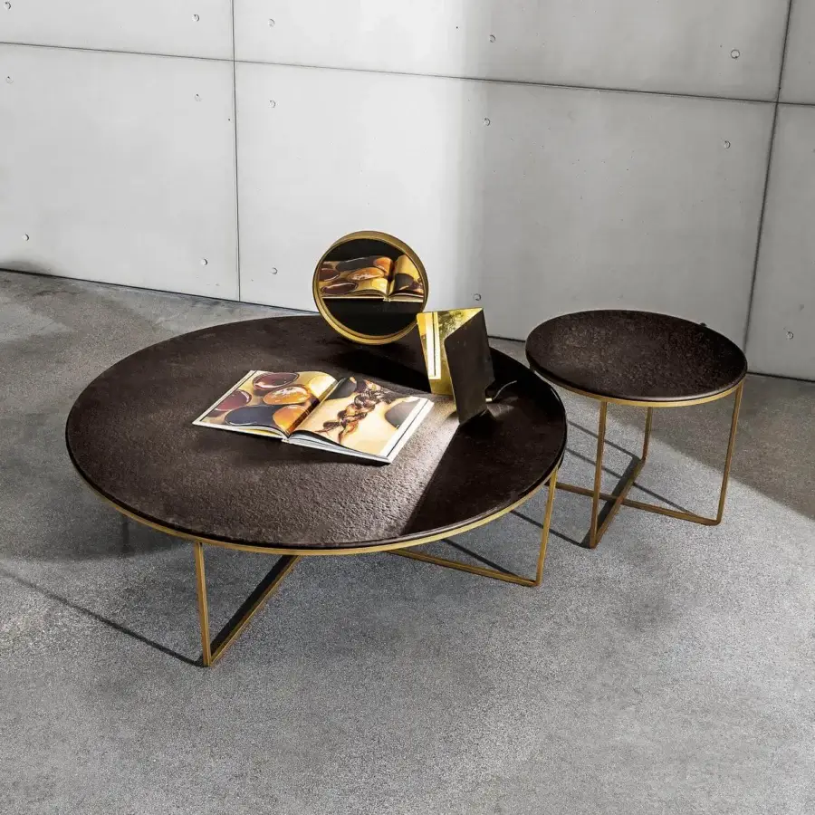 Exceptional Sovet Italia Piktor side table with burnished metal framing and dark textured Materia glass top