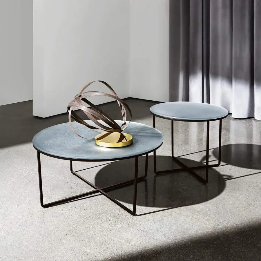 Distinguished Sovet Italia Piktor side table with light gray glass top and embossed mocha finished dark brown metal legs