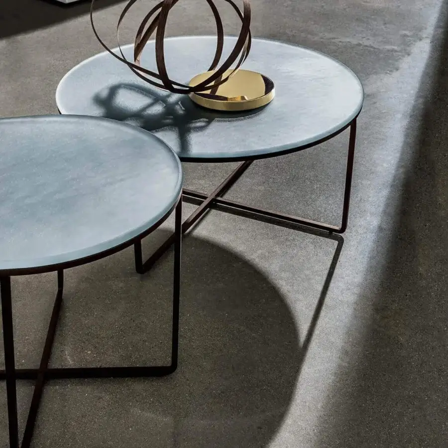 Sophisticated Sovet Italia Piktor side table with frosted greyish-blue glass and burnished dark brown lacquered metal framing