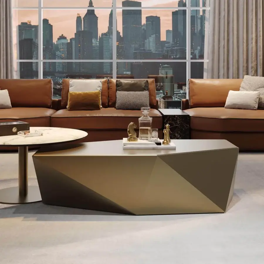 Innovative Reflex Origami coffee table with geometrically faceted wood structure and muted gold finish