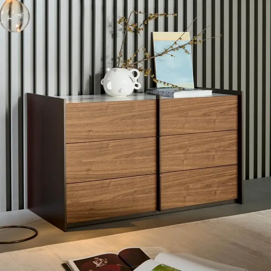 Distinguished Bonaldo Aureo dresser with bronze matt lacquered wood and canaletto walnut veneered drawers featuring metallic handles