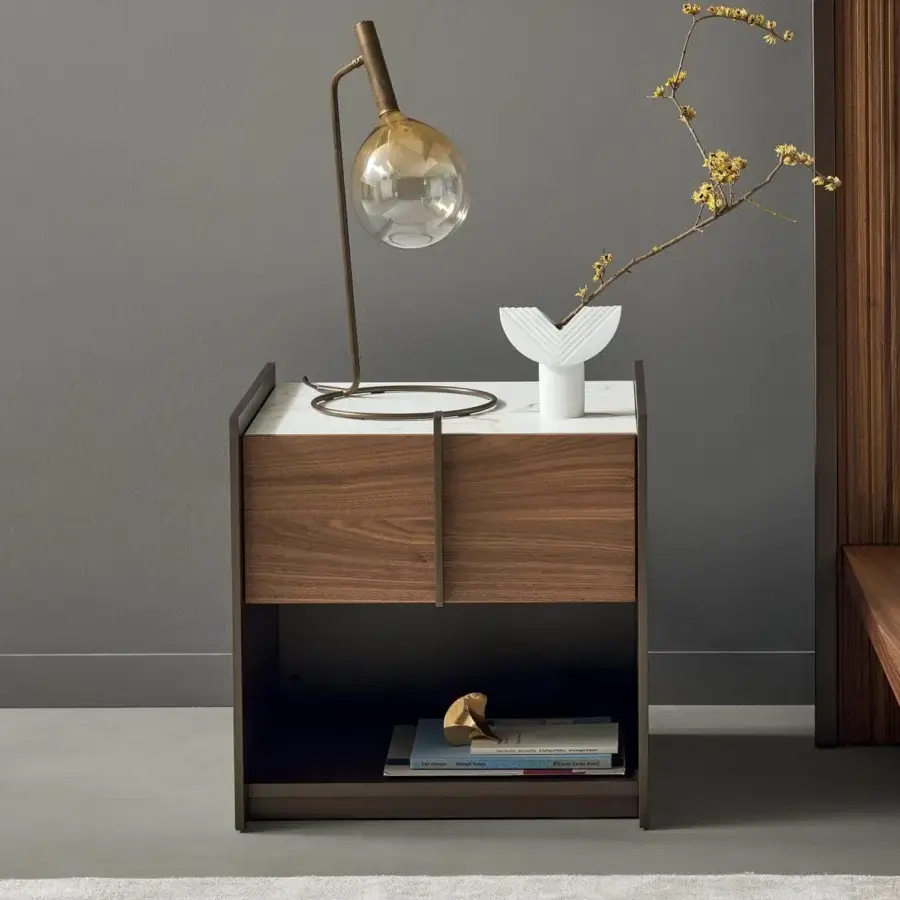 Harmonious Bonaldo Aureo nightstand with canaletto walnut veneered wood and bronze matt lacquered wood frame crafted in a geometric silhouette