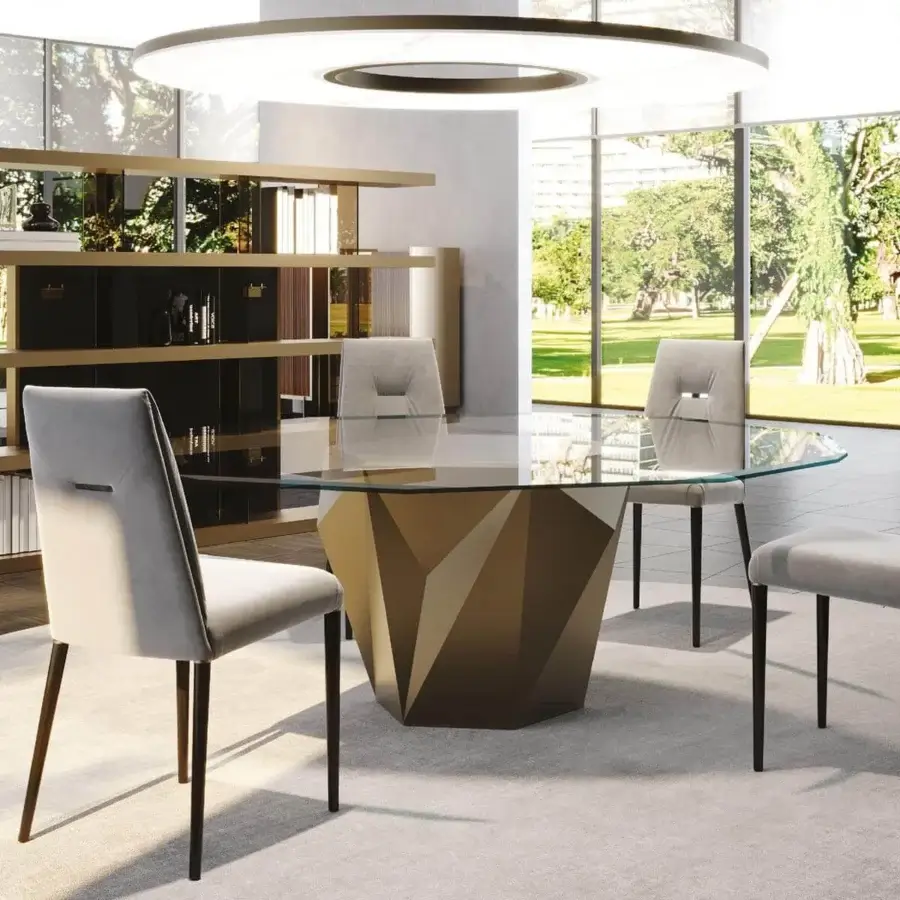 Distinctive Reflex Origami table with faceted wood base in bronze tone and matte satin finish, topped with transparent glass