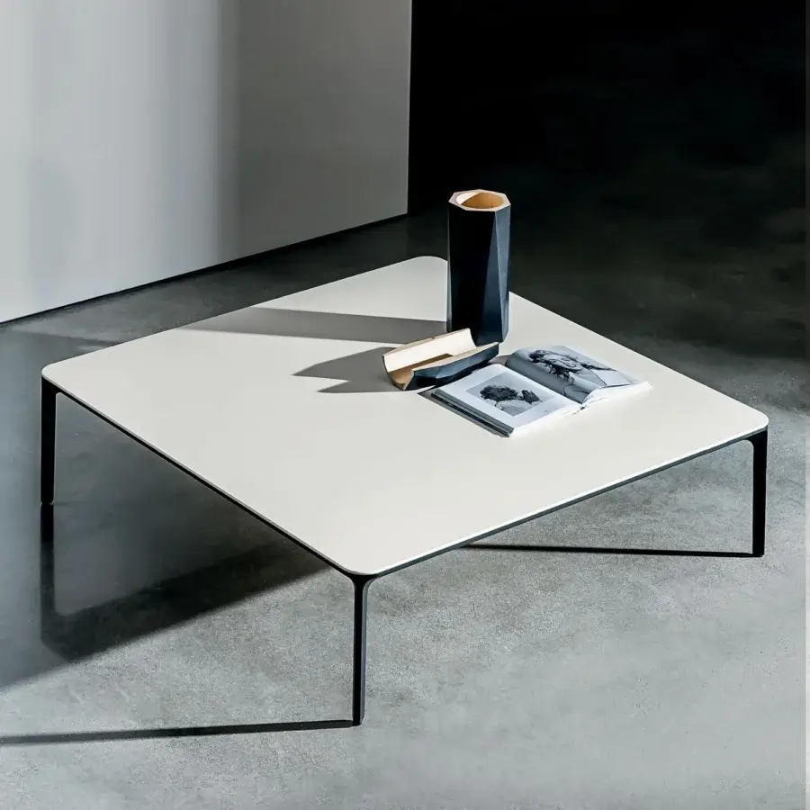 Superior Sovet Italia Slim Square coffee table with dark metal frame and light matte lacquered glass top