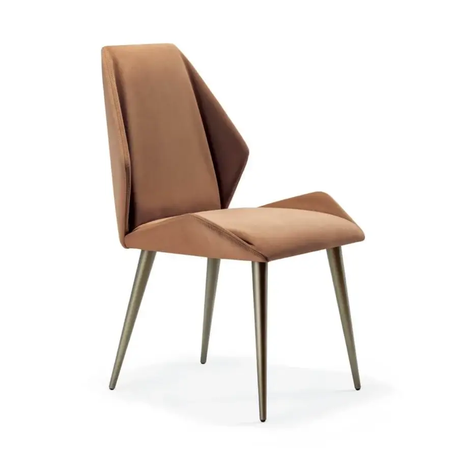 Superior Reflex Origami chair with angular silhouette and warm brown upholstery crafted in wood with bronze tone finish