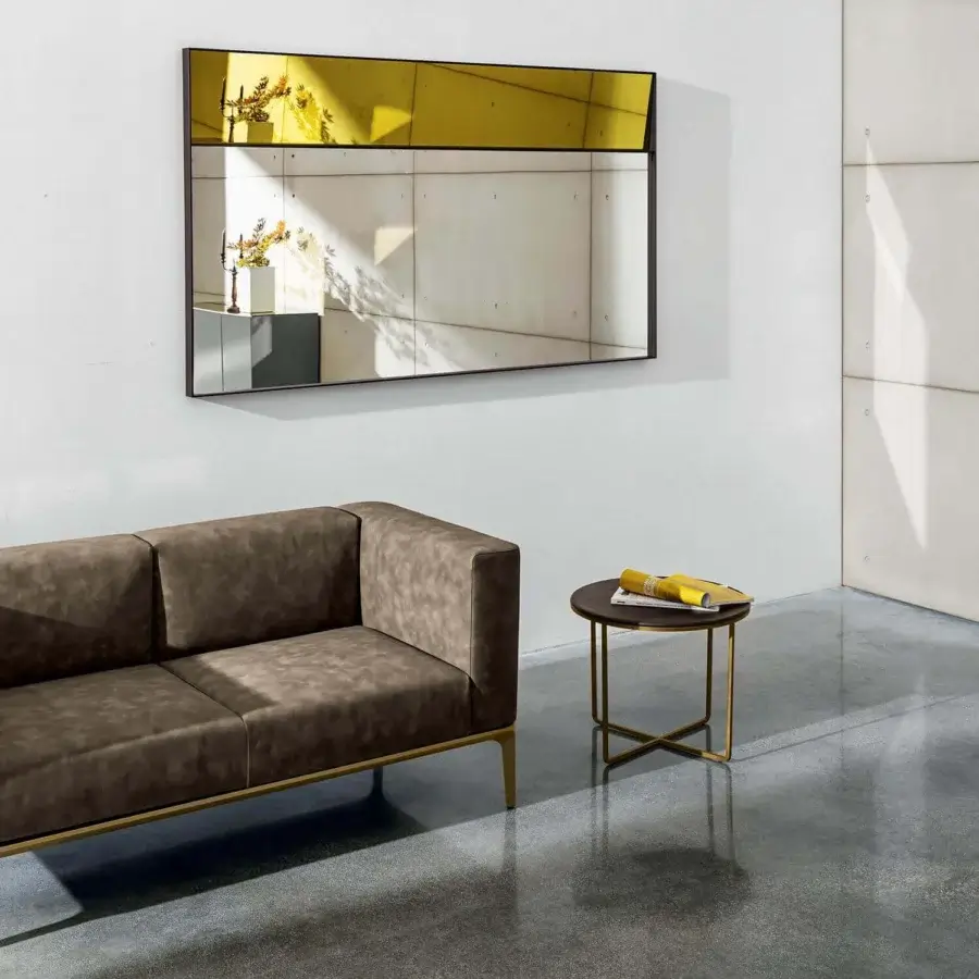 Exceptional Sovet Italia Slim sofa upholstered in taupe suede-like textile with golden-toned die-cast aluminum legs and matte finish