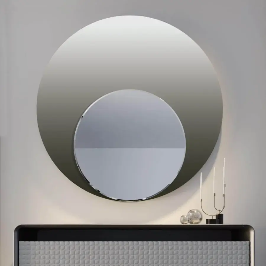 Exceptional Reflex Nuance mirror with round panel in shiny and etched glass, a subtle gray gradient and beveled internal mirror