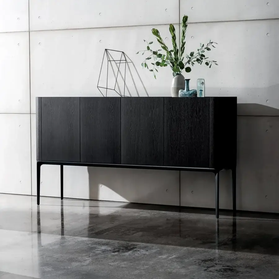 Distinguished Sovet Italia Madia Slim sideboard crafted in oak veneered mdf with wengé stain and aluminum base, exhibiting a dark matte finish