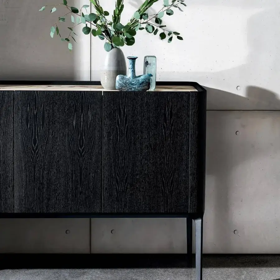 Exceptional Sovet Italia Madia Slim sideboard in mdf veneered with Canaletto walnut, showcasing a dark wood finish with lighter wood top and dark metal legs