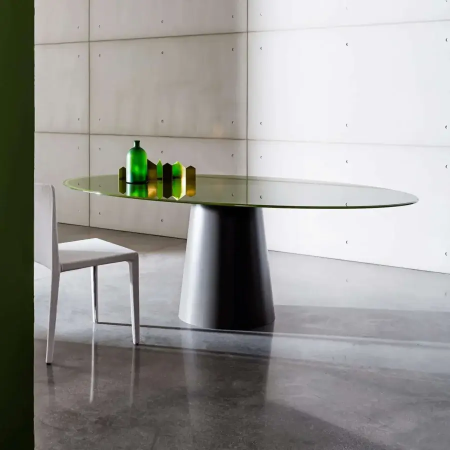 Elegant Sovet Italia Totem table with lacquered metal base and transparent glass top in dark gray finish
