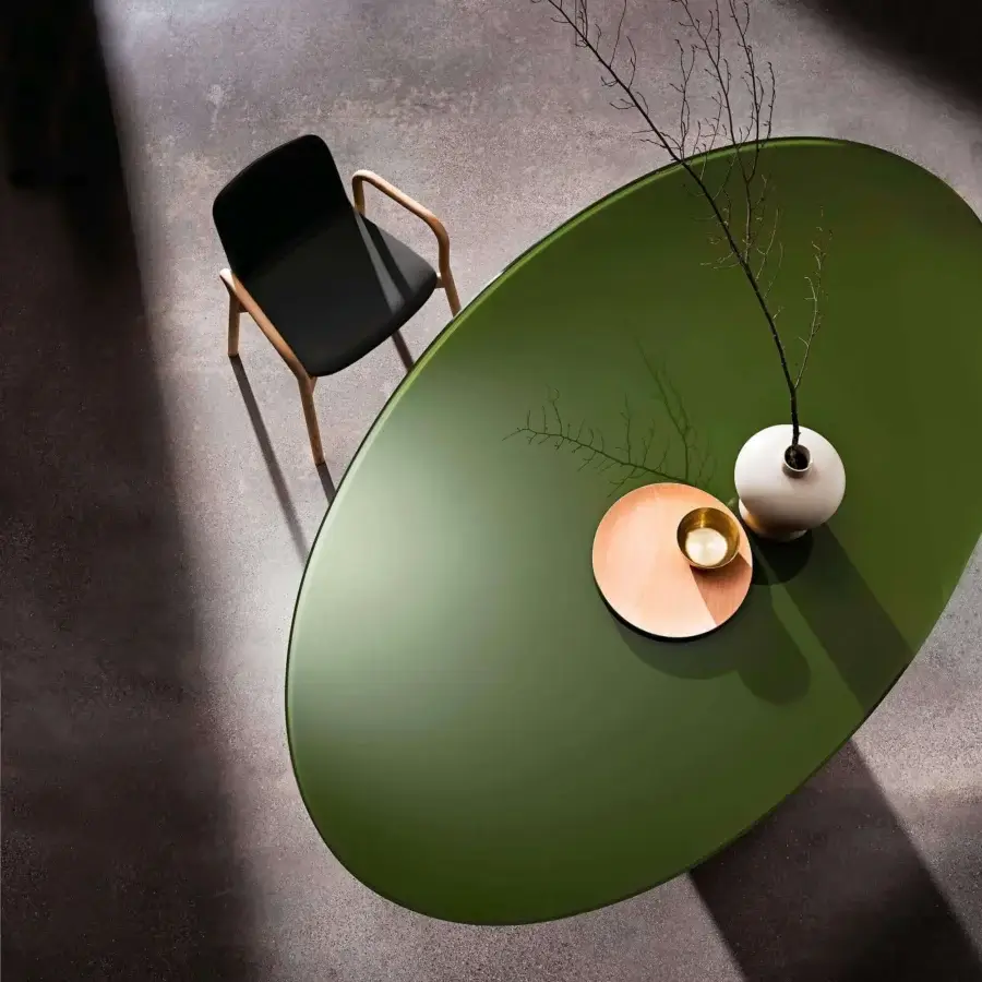 Elegant Sovet Italia Totem table with smooth olive-green ceramic top and lacquered metal base