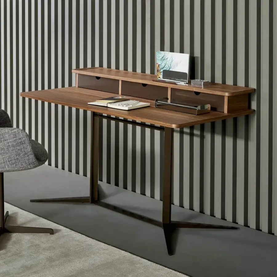 Distinguished Bonaldo Nelson desk with Canaletto Walnut wood structure and bronze lacquered drawers supported by a bronze metal base