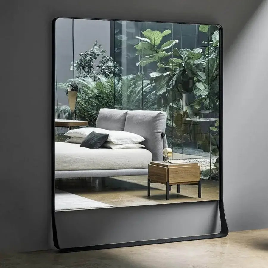 Distinguished Bonaldo Narciso mirror, a rectangular reflection with a dark gray metal frame and widened base for a sophisticated style