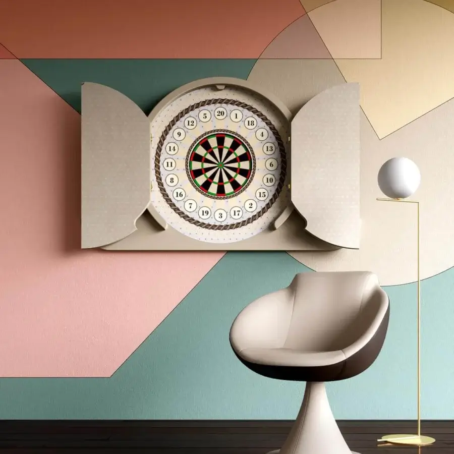 Exceptional Vismara Argo dartboard cabinet with lacquered wood structure and doors in decorative printed wood with a light beige hue