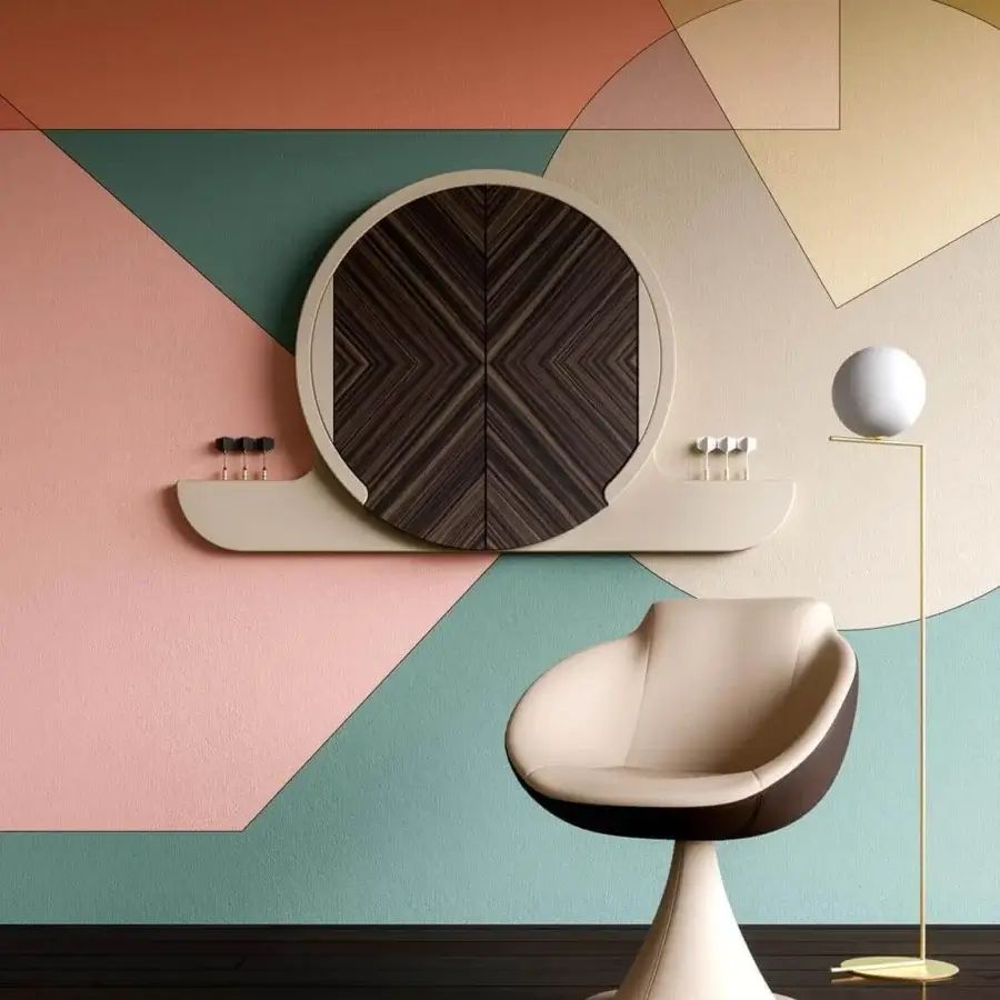 Exclusive Vismara Argo dartboard cabinet with lacquered wood doors and Circus Edition surrealistic illustrations