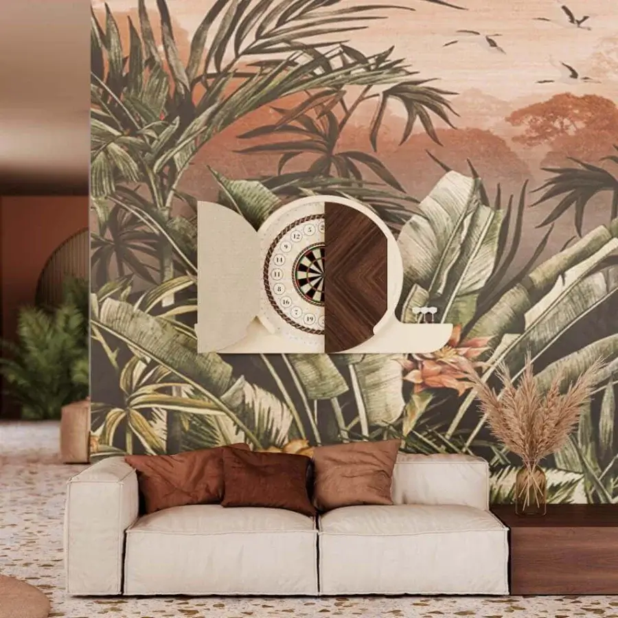 Distinguished Vismara Argo dartboard cabinet crafted with lacquered wood and Circus Edition illustrations, including African sisal dartboard and steel-tip darts