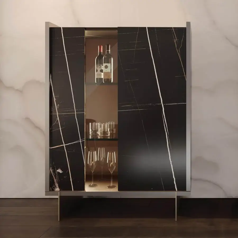 Innovative Reflex Uro cupboard, a wooden structure clad in Marble glass mimicking black marble with white and gold veining and a glass section