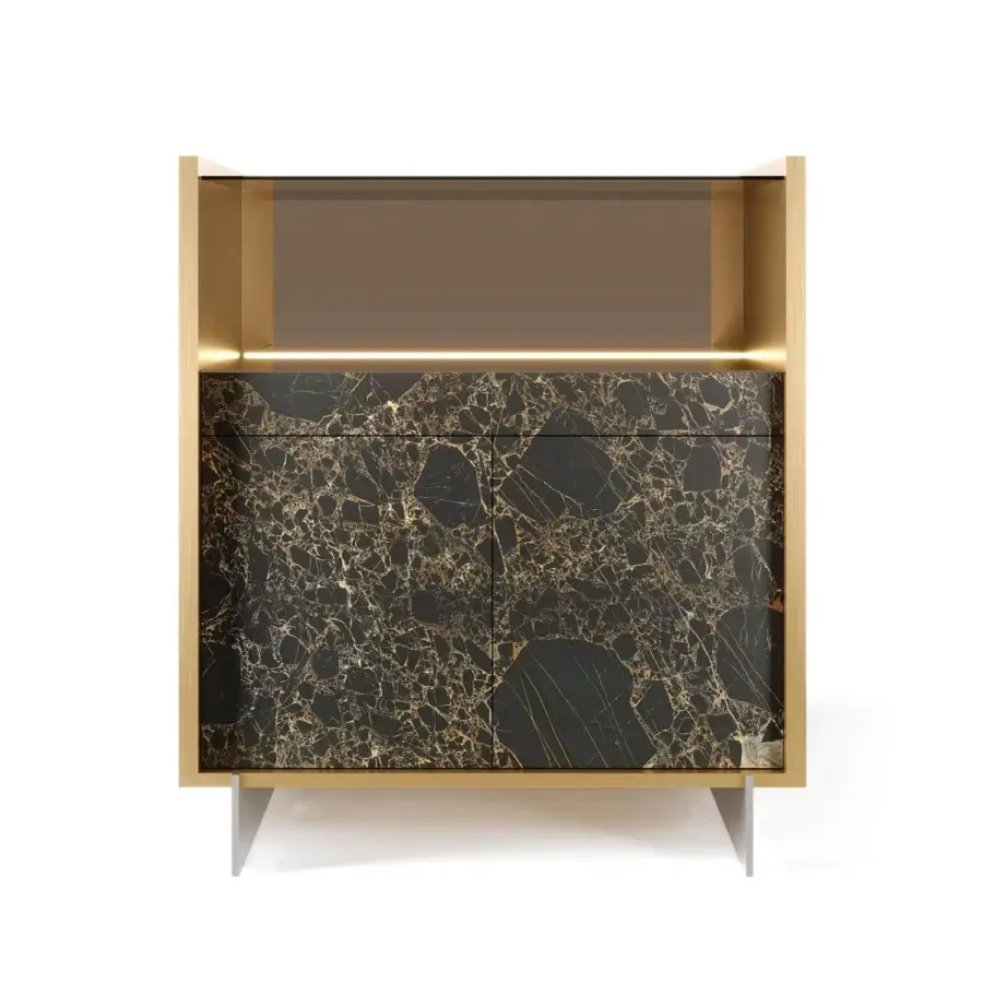 Exceptional Reflex Uro cupboard, a wooden structure with marble glass doors and gold veining, finished with integrated LED lighting