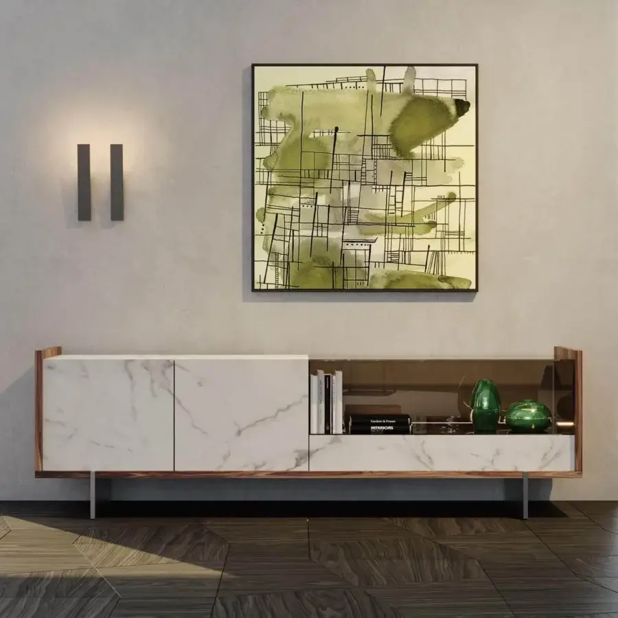 Refined Reflex Uro sideboard with white Marble glass doors and tinted glass, built with a wooden structure and LED lighting