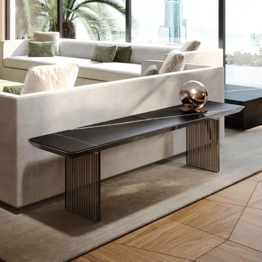 Exclusive Reflex Monolite sofa back console with black marble glass and ridged metallic legs crafted in a sleek angular silhouette