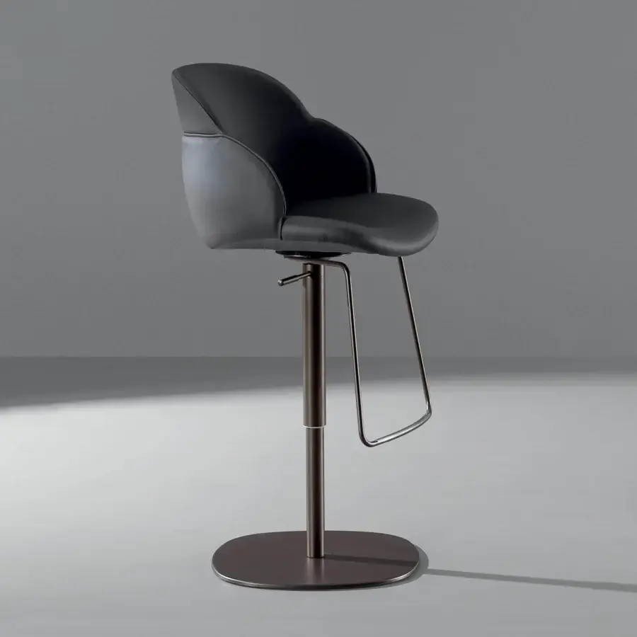 Superior Bonaldo My Way stool with enveloping padded form in dark gray leather and bronze-toned metal swivel base