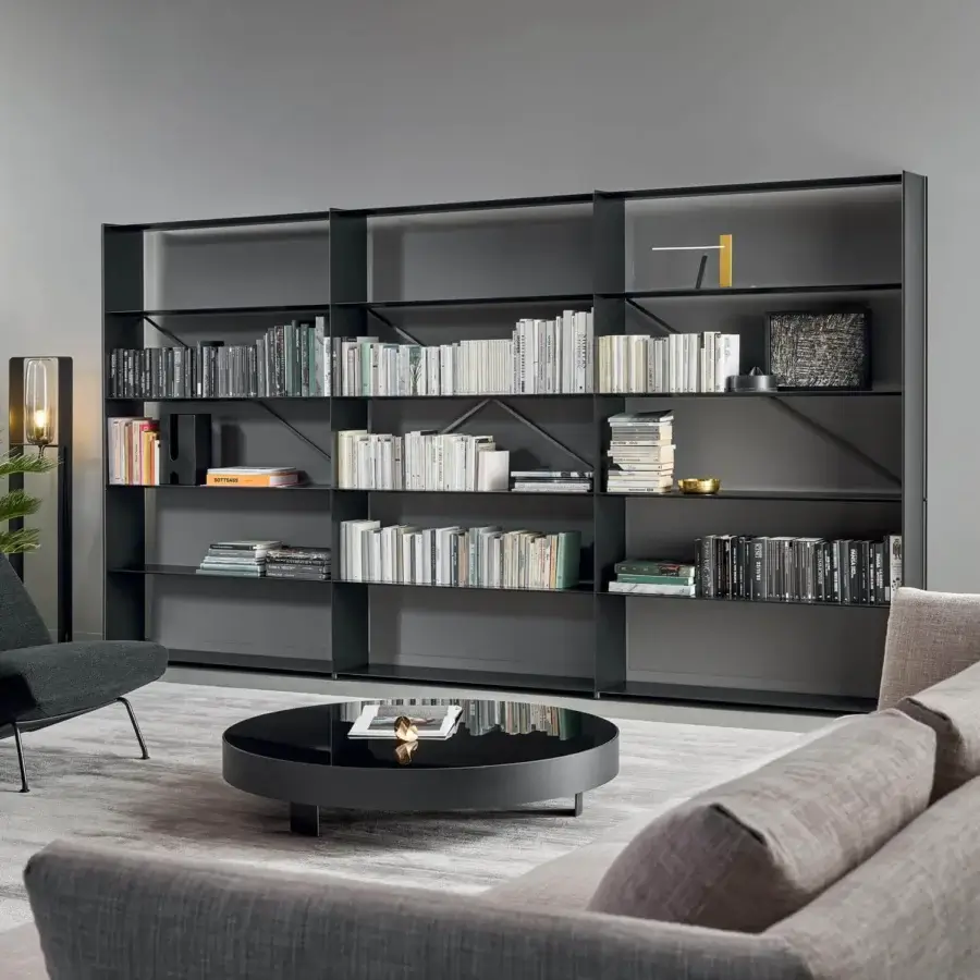 Exceptional Bonaldo Kaos bookcase with dark gray metal uprights and refined shelves crafted with a matte finish