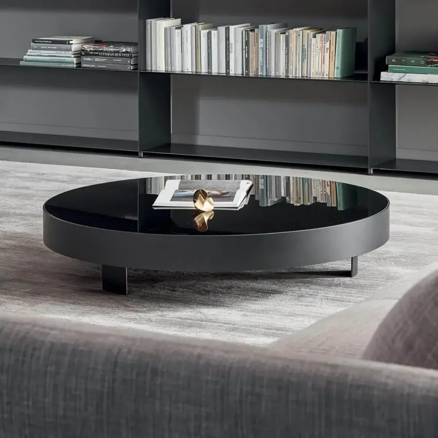 Elegant Bonaldo Jazz coffee table with glossy black glass top and refined dark metal outline