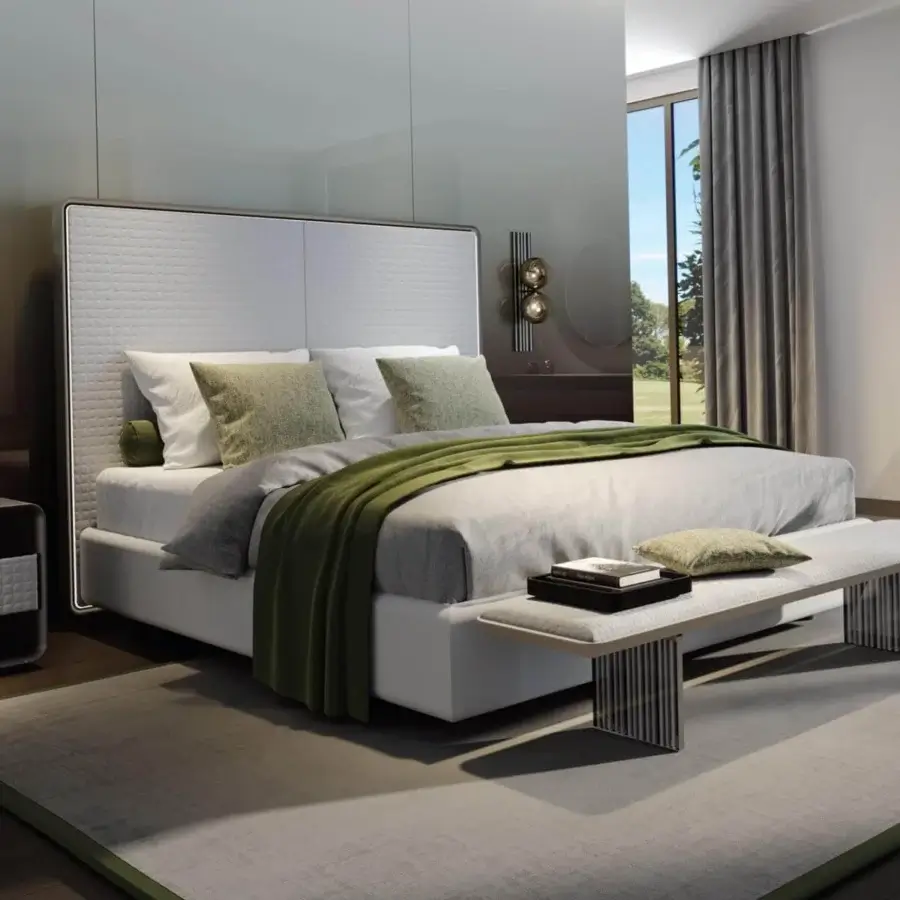 Exceptional Reflex Oh bed with quilted light gray textile and metallic finished wooden frame built with LED lighting