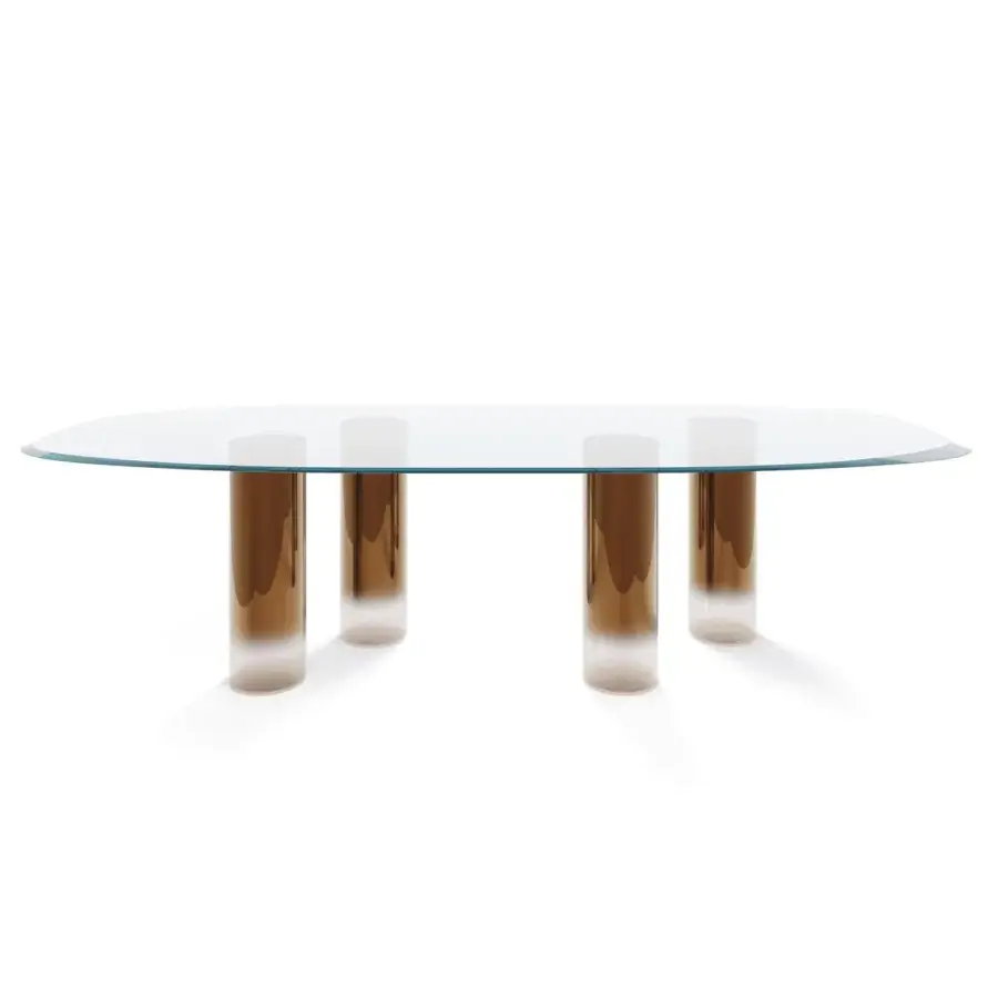 Superior Reflex Signore degli Anelli table with extra-clear glass top and gradient translucent white to metallic bronze Murano glass cylinders