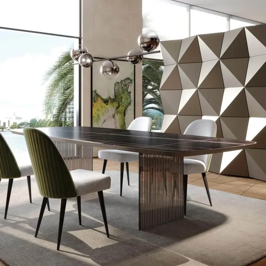 Distinguished Reflex Monolite table with shaped beveled top in bronze lacquered wood and striking glass legs