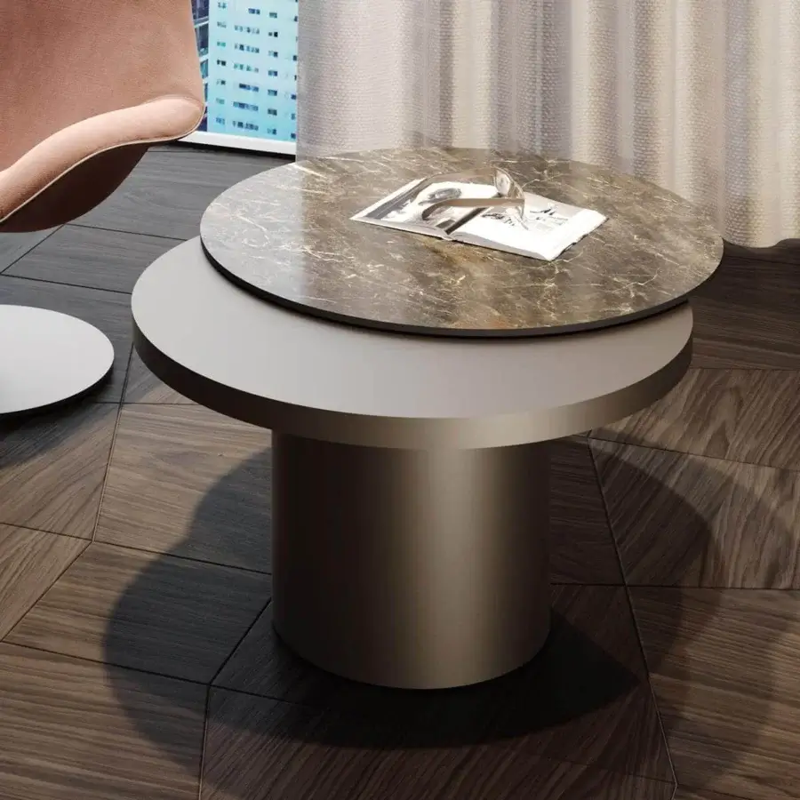 Innovative Reflex Tau Steel Move coffee table with cylindrical wooden base and Marble Glass tabletop in taupe and brown hues