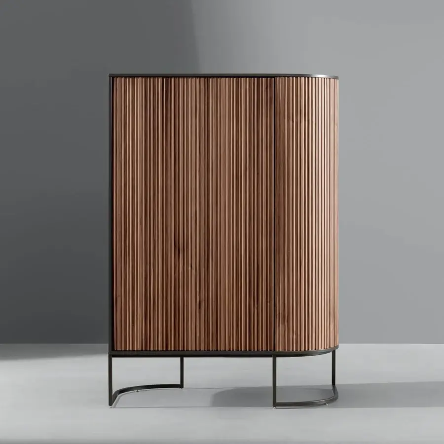 Distinguished Bonaldo Dune cupboard with reddish-brown wood and a dark metal asymmetrical base crafted with vertically ribbed doors