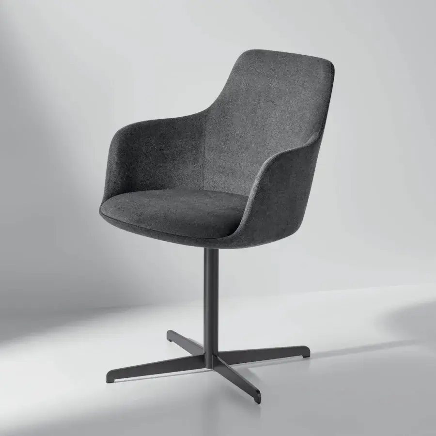 Refined Bonaldo Itala armchair upholstered in soft gray textile with a dark metal four-spoke swivel base