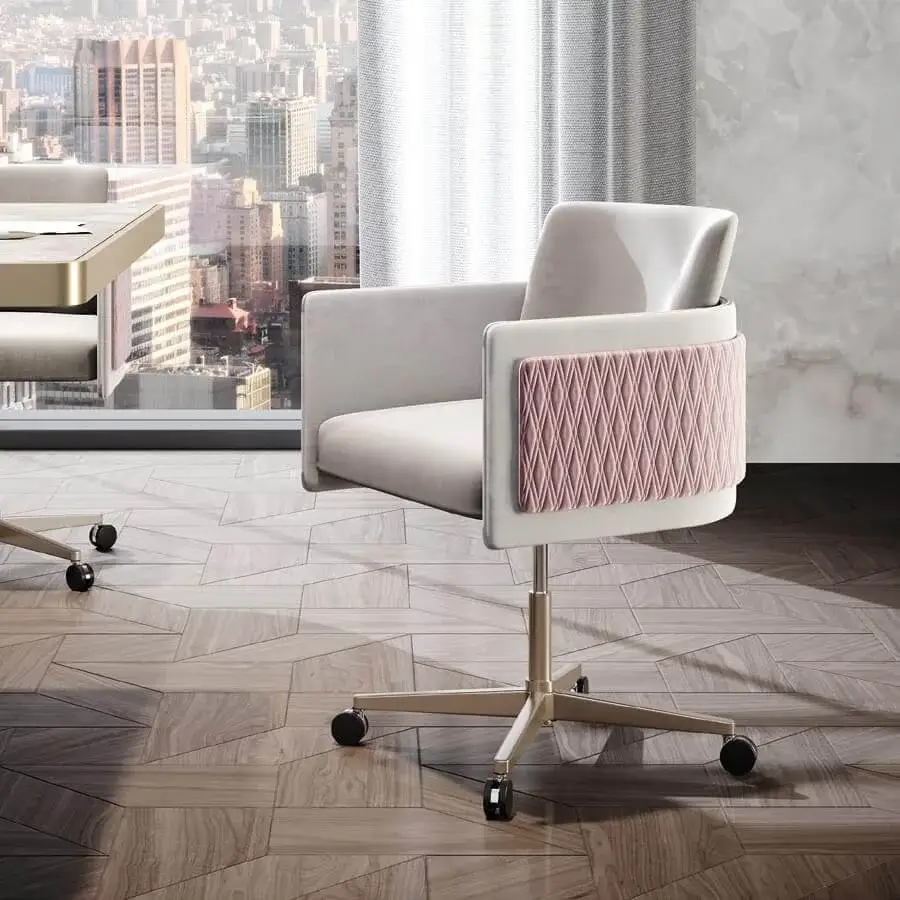 Exclusive Reflex Amet armchair with light gray textile upholstery and pink quilted side panels, built with a gold metallic height-adjustable base