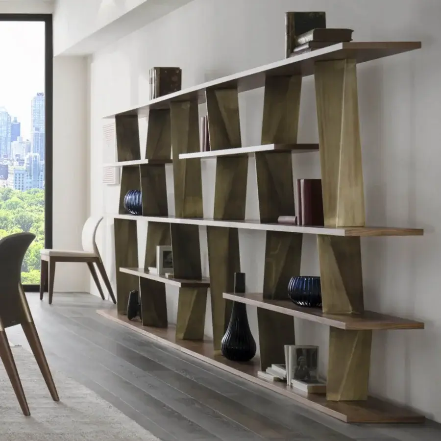 Distinguished Reflex Prisma Special bookcase with Canaletto Walnut shelves and light-colored supports in a smooth finish