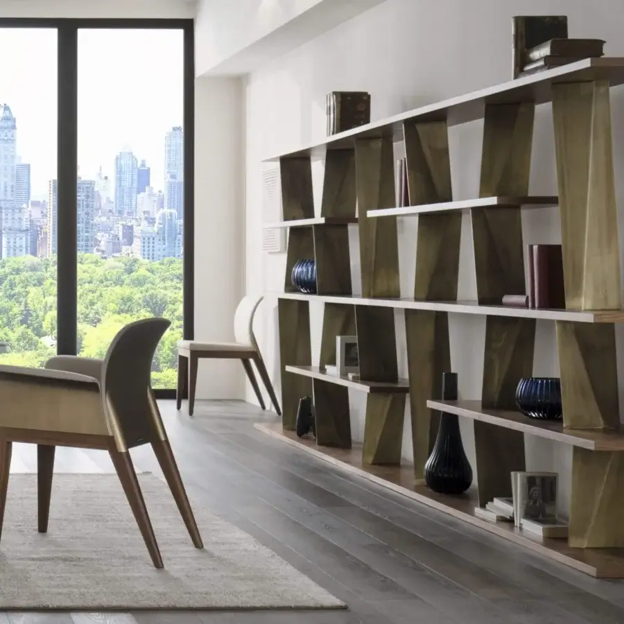 Exceptional Reflex Prisma Special bookcase with Canaletto Walnut shelves and aged brass geometric metal dividers
