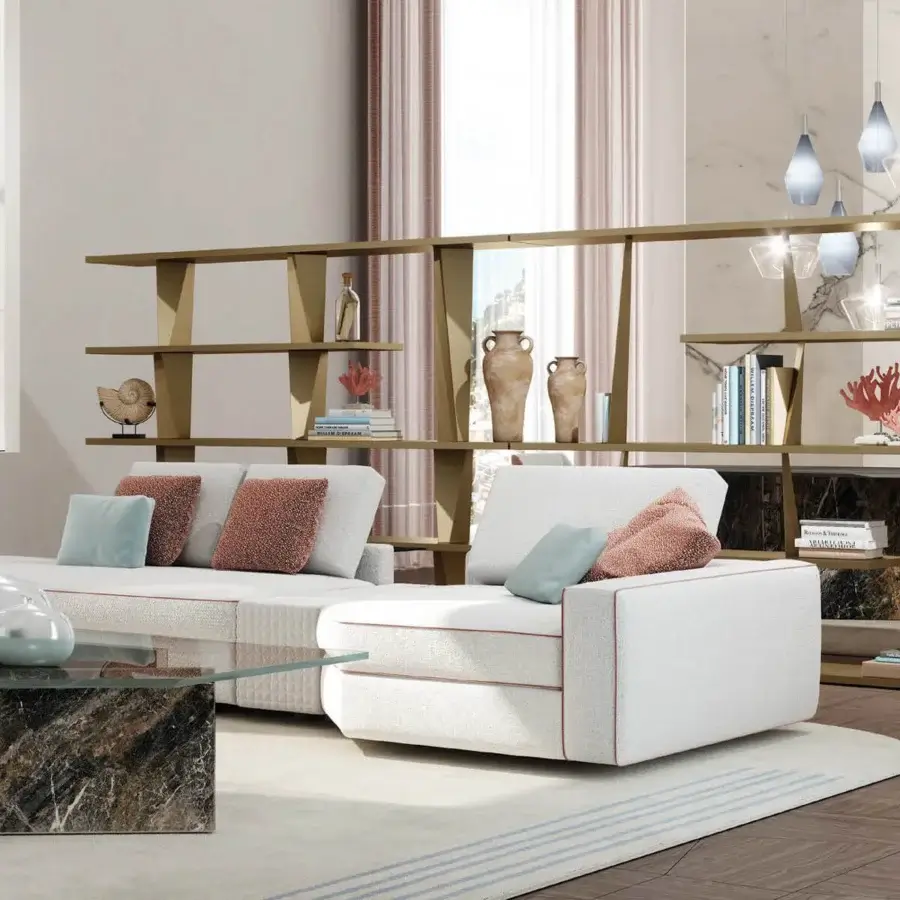 Elegant Reflex Prisma Special bookcase with Canaletto Walnut shelves and golden metal dividers built with dark marble-like panels
