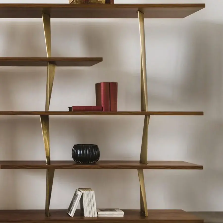 Superior Reflex Prisma Special bookcase with Canaletto Walnut shelves and glossy gold-tone metal dividers