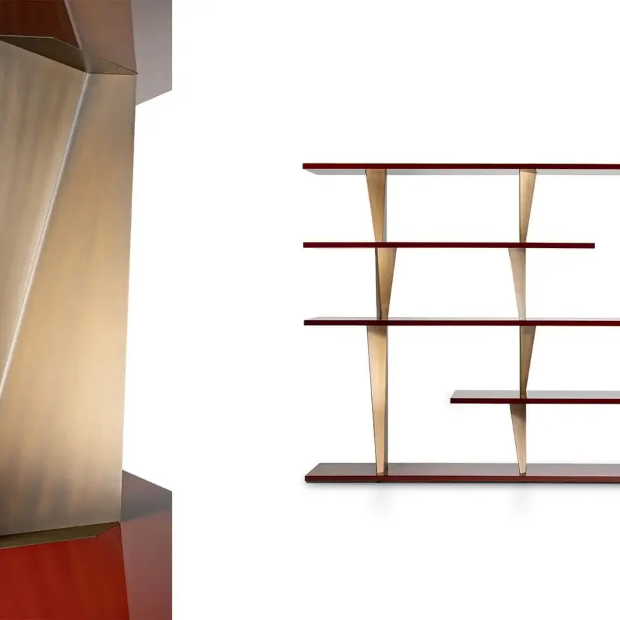 Distinguished Reflex Prisma Special bookcase with Canaletto Walnut shelves and aged-bronze geometric metal dividers