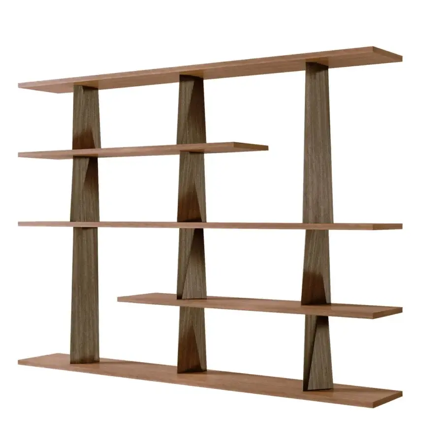 Exceptional Reflex Prisma Special bookcase with Canaletto Walnut shelves and light brown matte finish built with chromatic contrast