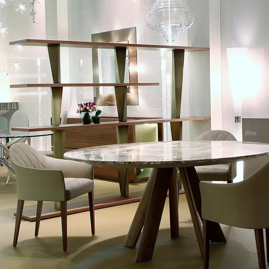 Elegant Reflex Prisma Special bookcase with Canaletto Walnut shelves and brass-tone metal dividers