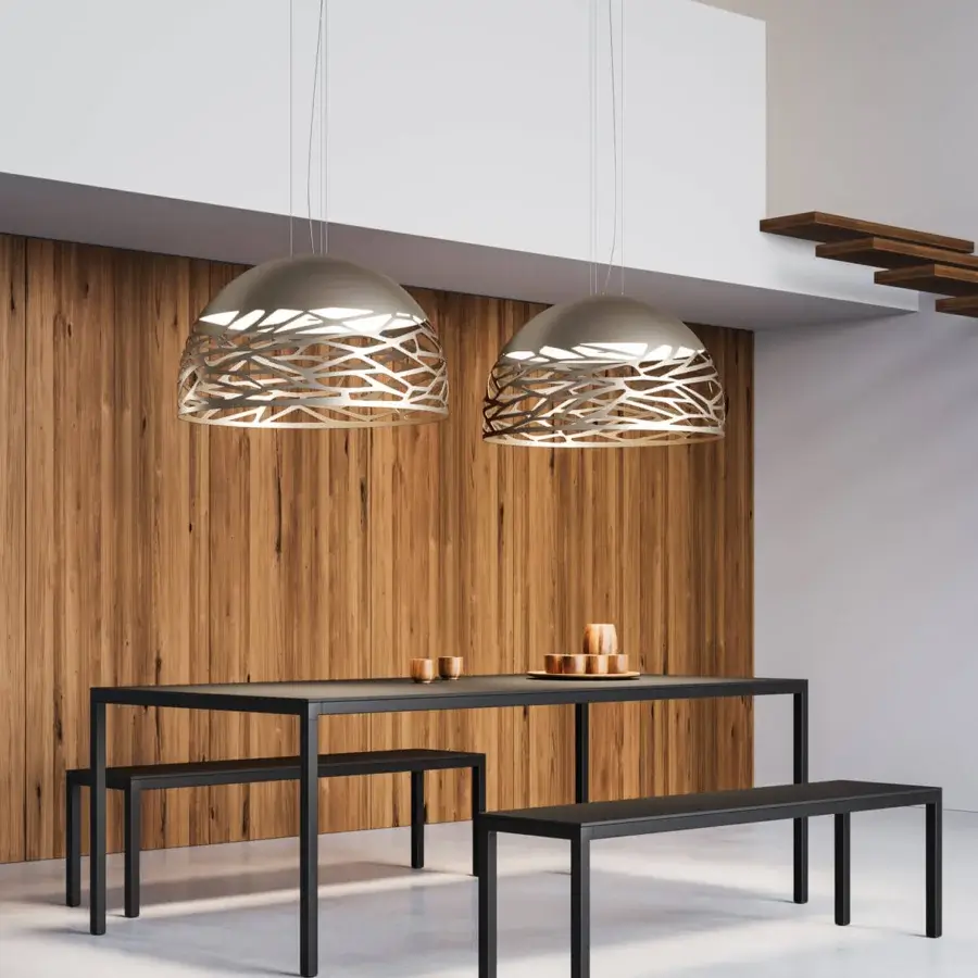 Elegant Lodes Kelly Dome suspension lamp with interwoven metalwork and glossy white glass diffuser in a light bronze finish