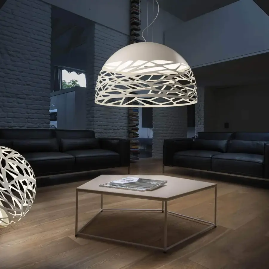 Elegant Lodes Kelly Dome suspension lamp with a matt white metal structure and glossy white glass diffuser